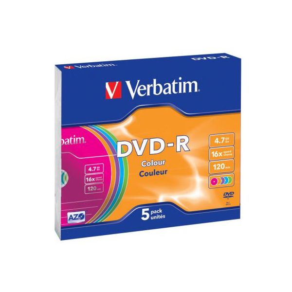 Диск DVD Verbatim 4.7Gb 16X Slim case 5 шт Color (43557)