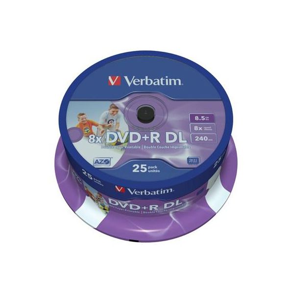 Диск DVD Verbatim 8.5Gb 8X CakeBox 25шт Printable (43667)