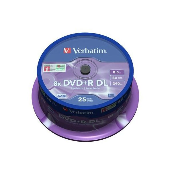 Диск DVD Verbatim 8.5Gb 8x CakeBox 25шт Matt Silver (43757)