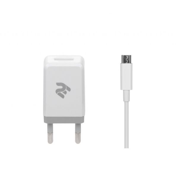 Зарядний пристрій 2E USB Wall Charger USB:DC5V/2.1A +кабель MicroUSB 2.4A, white (2E-WC1USB2.1A-CM)